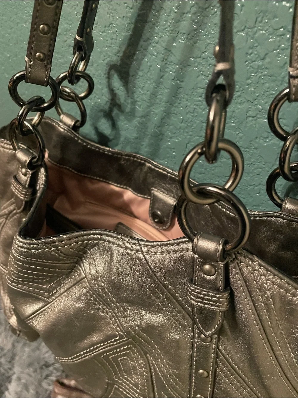 Coach Women's Metallic silver tote Bag with Ring-Detail Straps